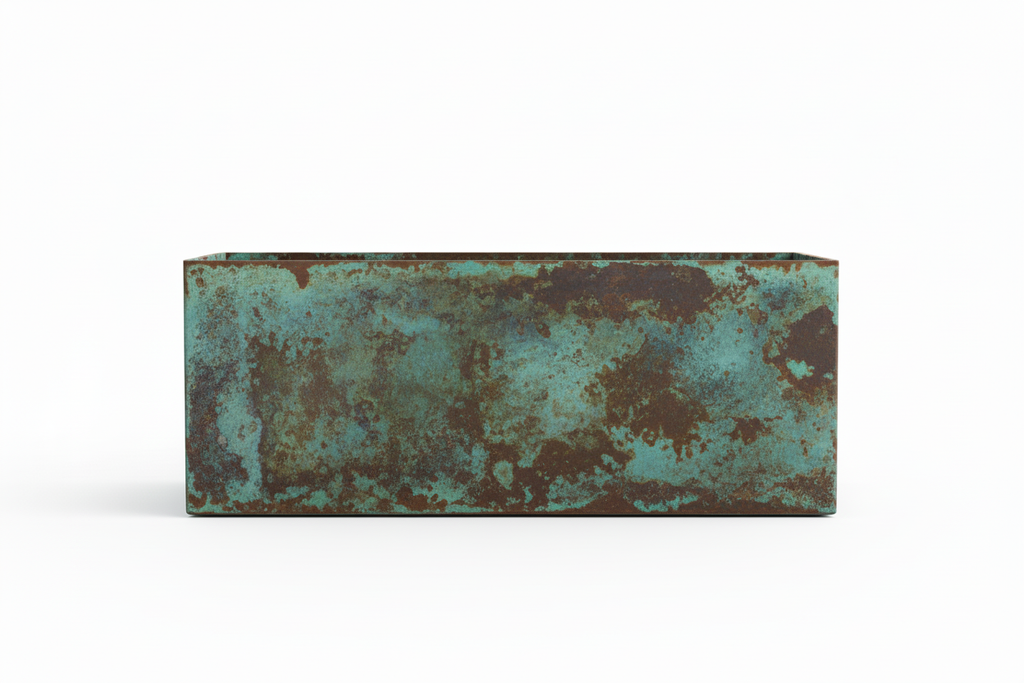 Plantekasse 100x40x50 cm i patineret kobber med grøn og brun patina